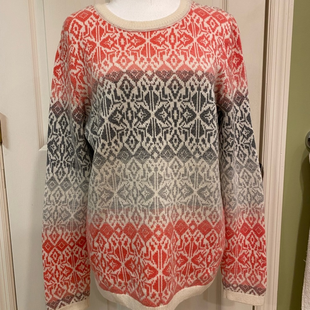TALBOTS peach and gray designed sweater on ivory background.